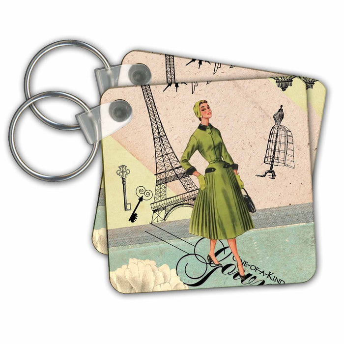 set of 6 Key Chains - Vintage Paris Collage Fashion Paris