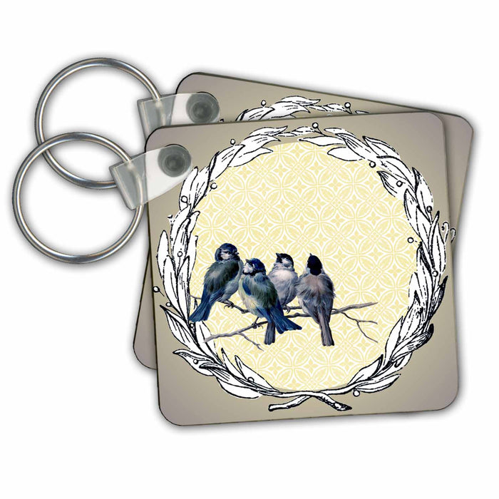 set of 4 Key Chains - Wreath With Blue Birds Birds