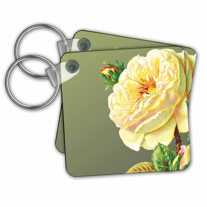 set of 4 Key Chains - Large Yellow Rose on Dark Green Background Floral