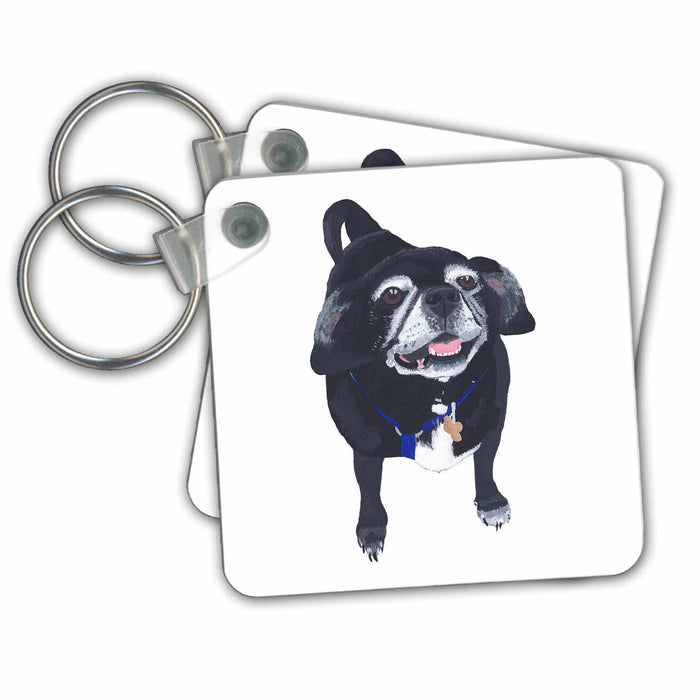 set of 2 Key Chains - Painting of a happy black and white pug dog standing sArt Animals Dog