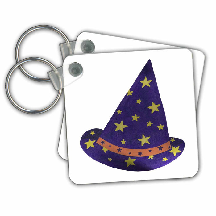 set of 2 Key Chains - Fun painting of purple wizard hat with yellow stars for Halloween sArt Holidays Halloween