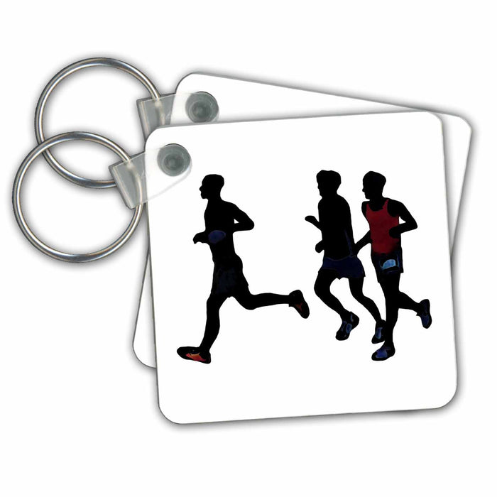 set of 4 Key Chains - Black silhouette of athletic people runners running some color sArt People