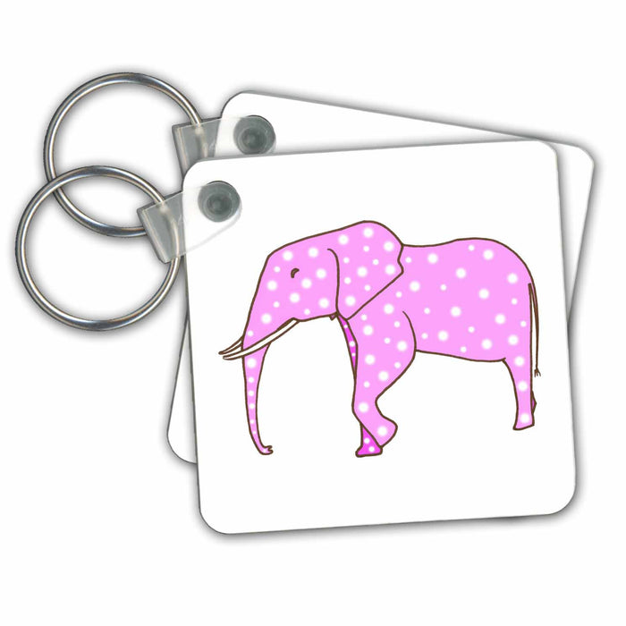 set of 6 Key Chains - Cute digital painting of a pink elephant with white polka dots walking sArt Wild Animals Elephant