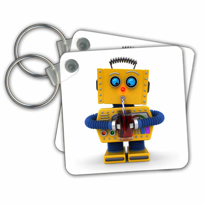 set of 6 Key Chains - Yellow toy robot trying to drink with a straw Illustrations