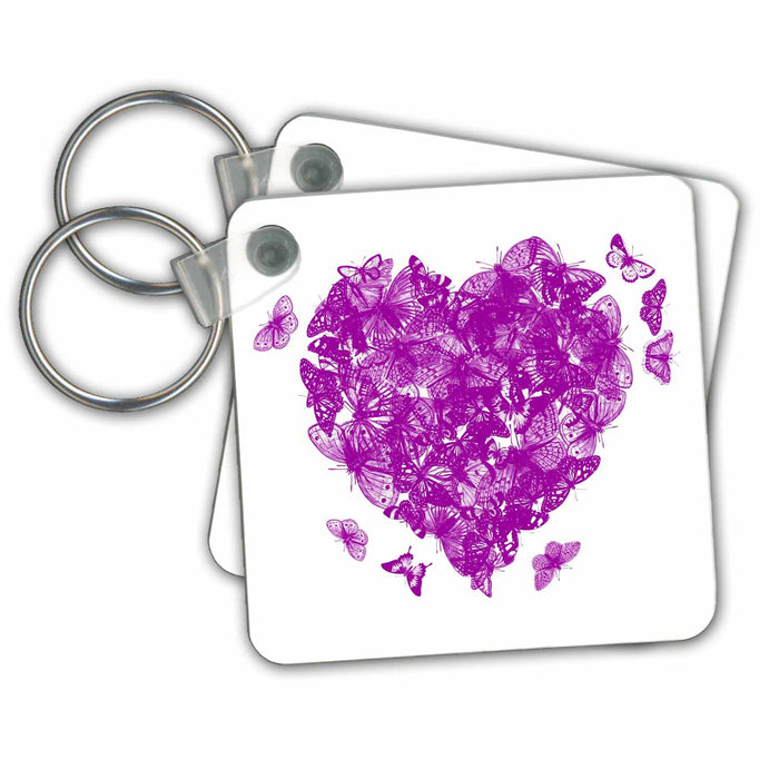 set of 2 Key Chains - Pretty Purple Butterflies Forming a Heart Shape Designs