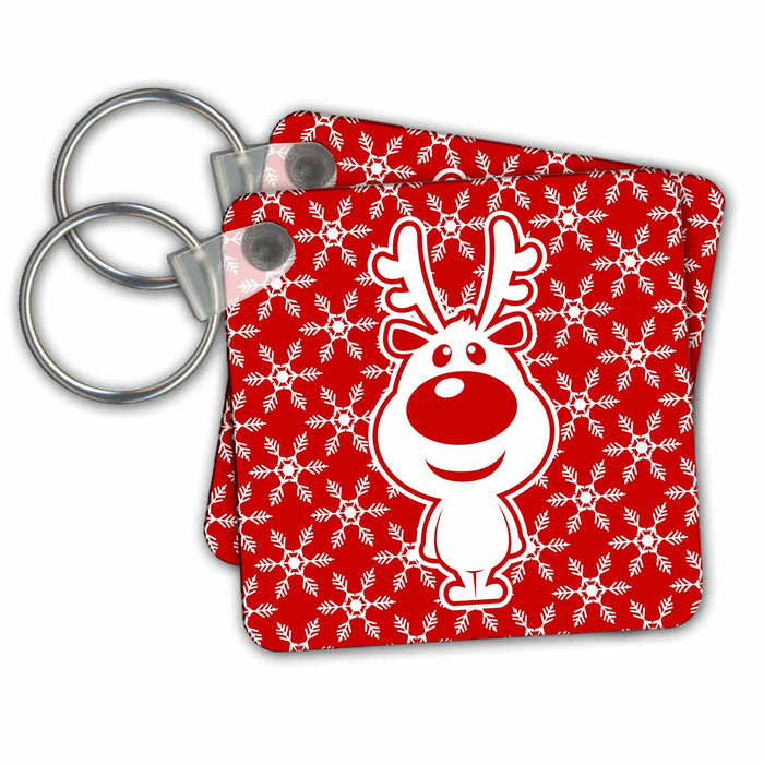 set of 4 Key Chains - Cutest Little Rudolph on Red and White Snowflake Background Christmas Designs