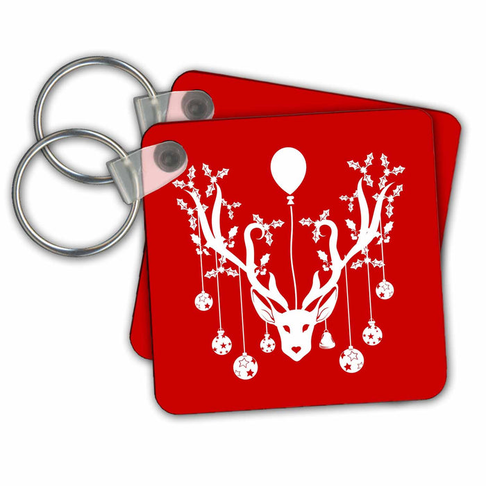 set of 2 Key Chains - Cool Reindeer Decorated for Christmas with Holly and Ornaments Christmas Designs