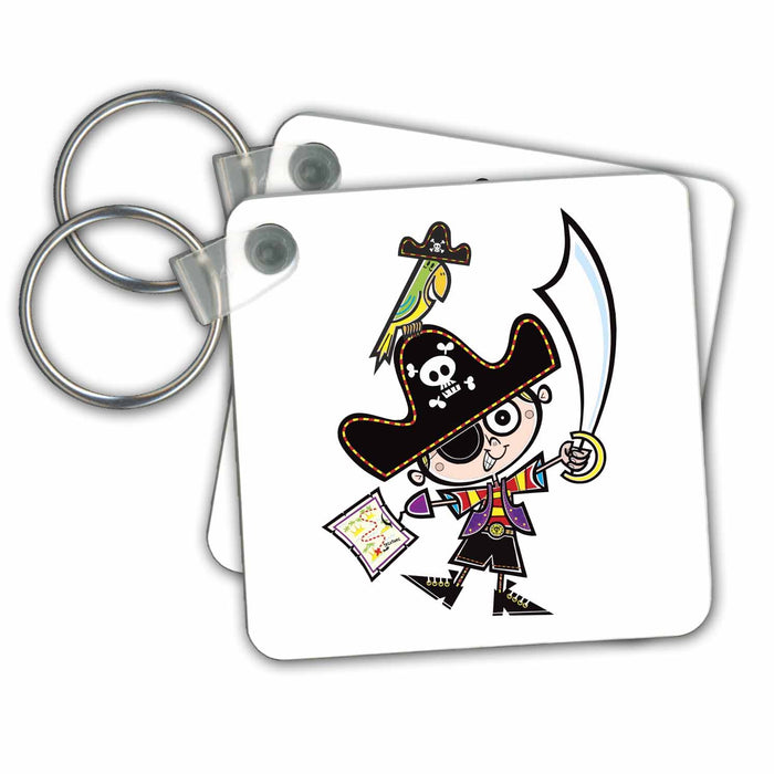 set of 4 Key Chains - Cute Little Pirate with Parrot and Treasure Map Designs