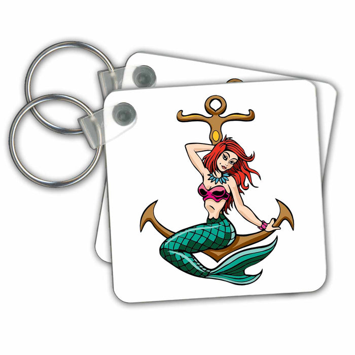 set of 6 Key Chains - Pretty Tattoo Mermaid Sitting on Anchor Designs