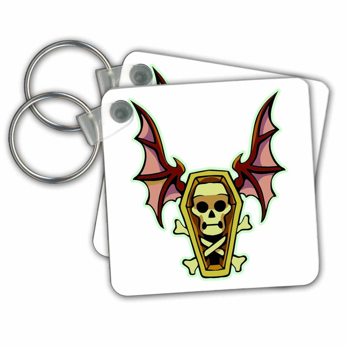 set of 6 Key Chains - Spooky Halloween Skeleton and Coffin with Bat Wings Designs