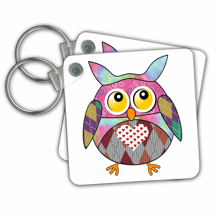 set of 2 Key Chains - Cute Little Owl with Heart on Chest Designs