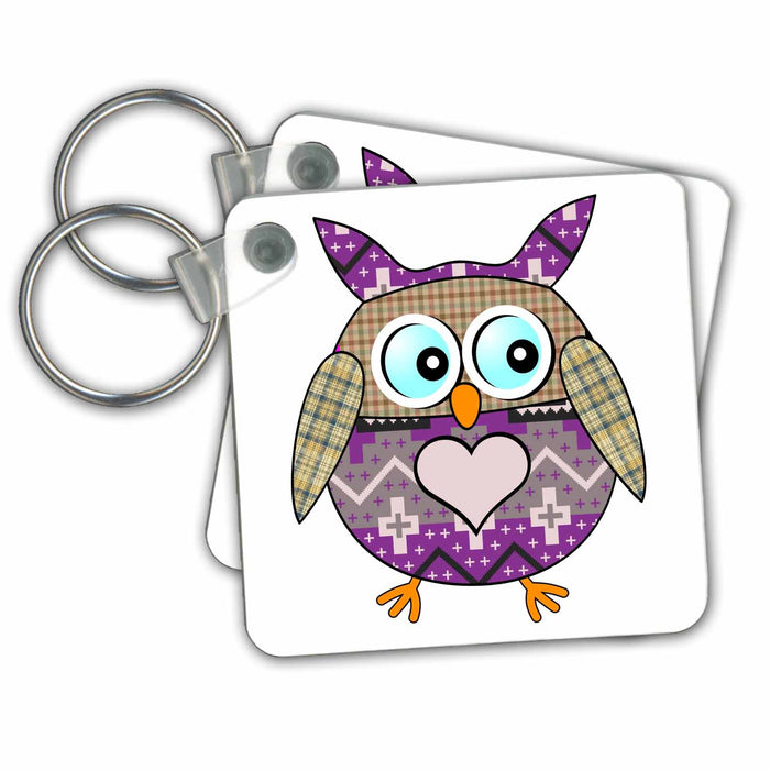 set of 6 Key Chains - Cute Owl with Blue Eyes and Pink Heart Designs