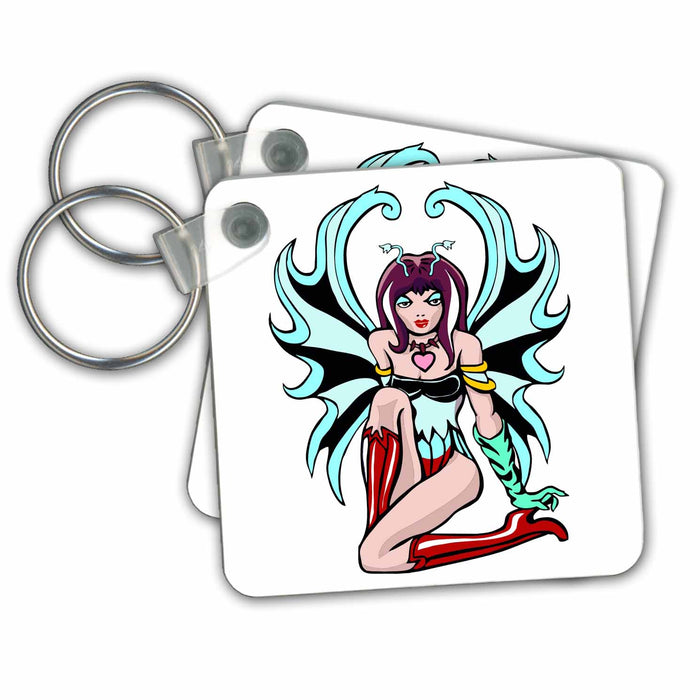 set of 6 Key Chains - Tattoo Fairy With Turquoise Wings and Red Boots Designs