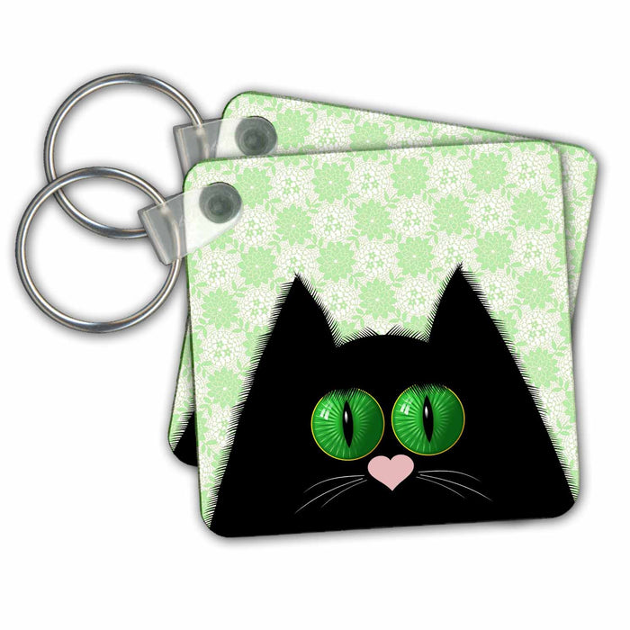 set of 6 Key Chains - Surprised cat with Green Eyes over Dainty Floral Background Cats