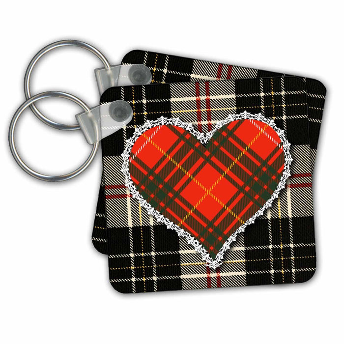 set of 6 Key Chains - Scottish Plaid Tartan Heart with White Edging Designs