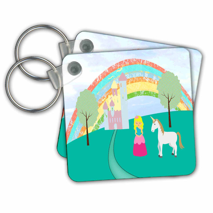 set of 6 Key Chains - Princess and Unicorn, Castle Trees, and Rainbow Designs