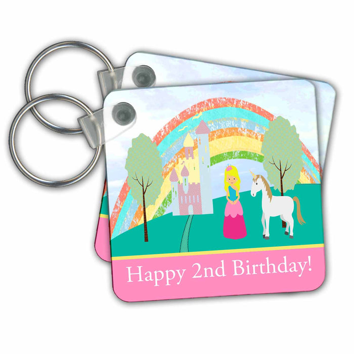 set of 6 Key Chains - Princess and Unicorn, Castle Trees, and Rainbow, Happy 2nd Birthday Birthday Design