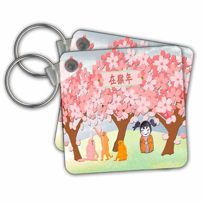 set of 6 Key Chains - Three Orange and Pink Monkey under Plum Trees with Little Chinese Girl Chinese New Year Design