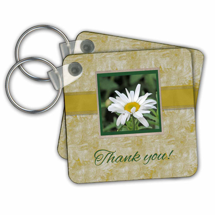 set of 6 Key Chains - Shasta Daisy Flower in Beautiful Soft Green and Tan Frame, Thank you Thank you Design