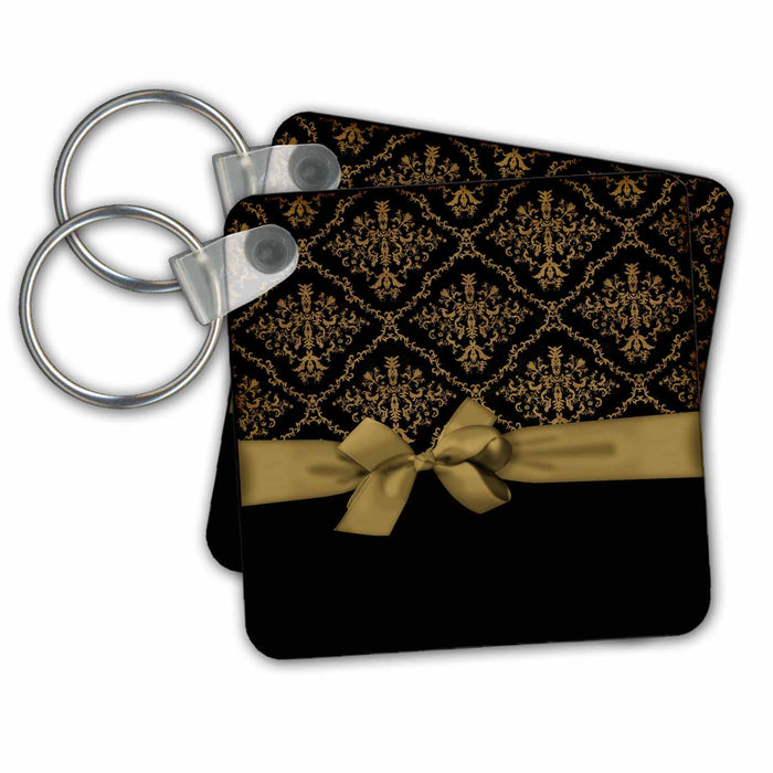 set of 6 Key Chains - Ribbon and Bow on Damask Design, Black and Gold Ribbon and Bow