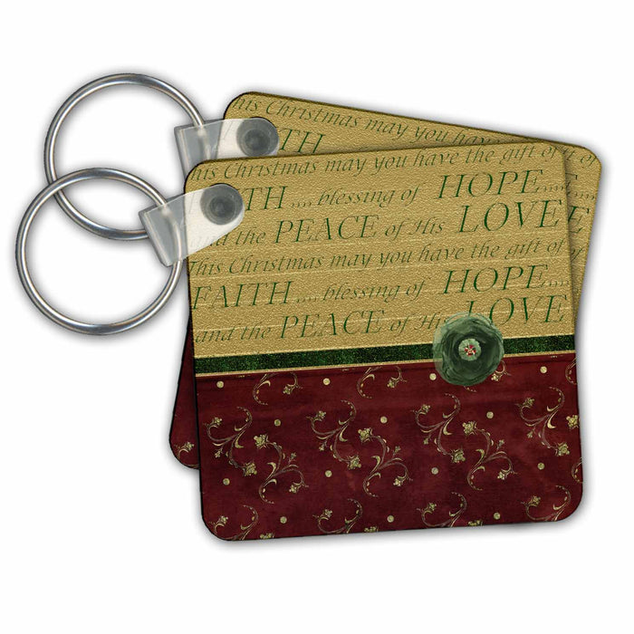 set of 6 Key Chains - Pretty Gold Vine Design on Ruby Red, Christmas Verse in Green on Gold Christmas Design