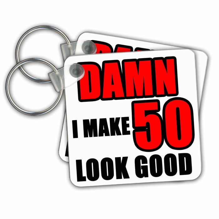 set of 2 Key Chains - Damn I Make 50 Look Good Red Quotes