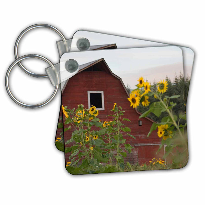 Key Chain - Canada, Vancouver Island. Sunflowers in front of a red barn, Glenora Canada