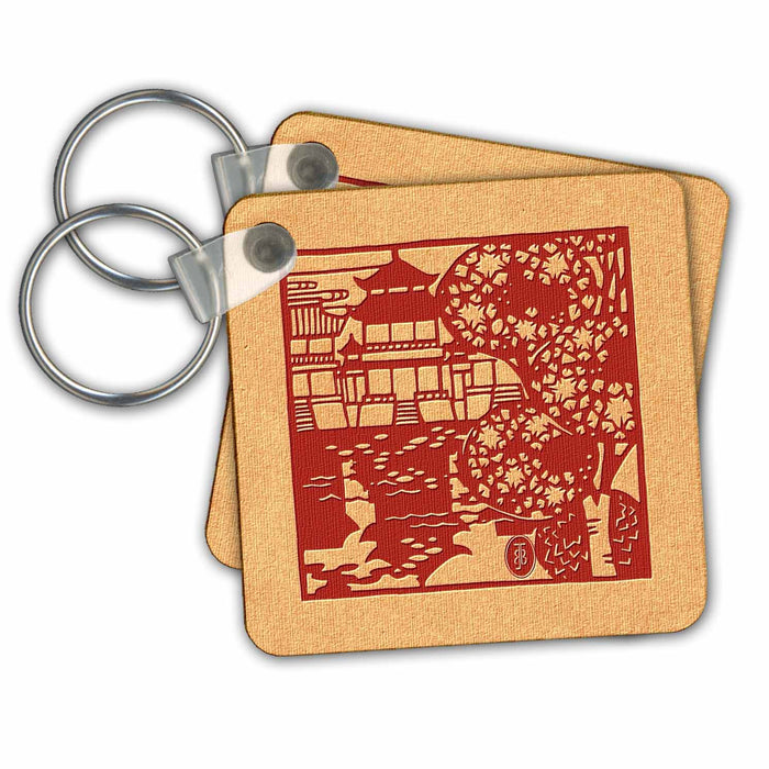 Key Chain - Pagoda, Trees and Water Design in Red Beautiful China Series