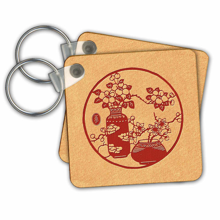 Key Chain - Red Chinese Design with Two Vases and Flowers Beautiful China Series