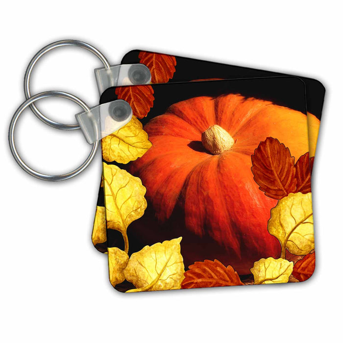 Key Chain - Large Pumpkin surrounded by Autumn Leaves in Fall Colors Autumn Collection