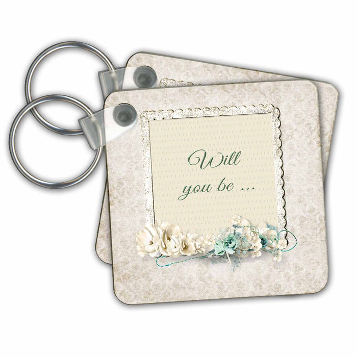 Key Chain - Pastel Beige and Aqua Green Flowers, Will you be Framed Wedding Attendant and Bridal Party