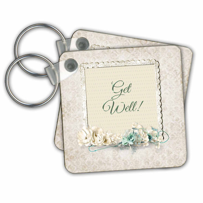 Key Chain - Pastel Beige and Aqua Green Flowers, Get Well Framed Get Well Design