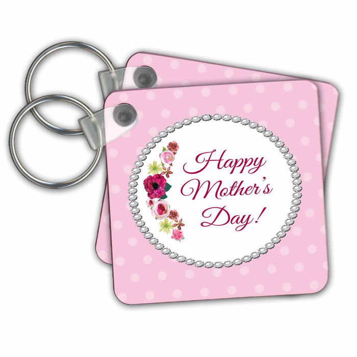 Key Chain - Roses of Pink and Red, Oval Pearl Look Frame on Dots, Happy Mothers Day Mothers Day Design