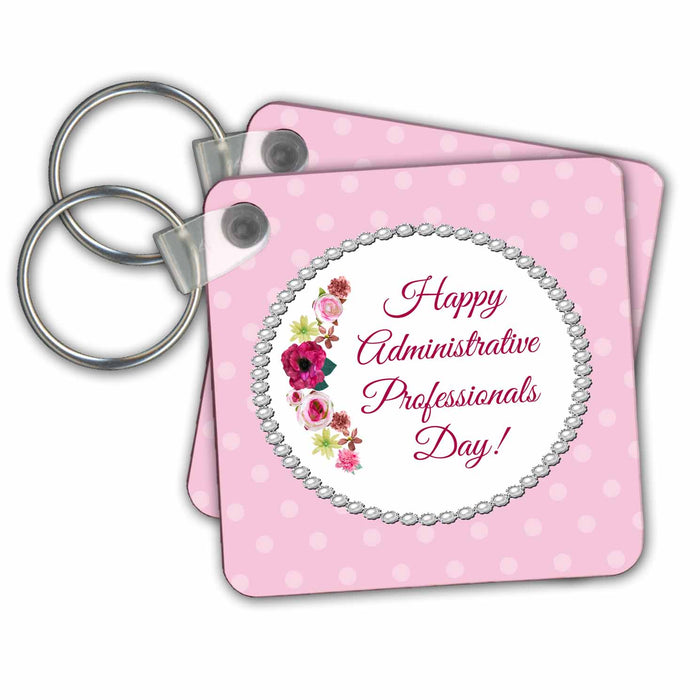 Key Chain - Roses, Pink, Red, Pearl Look Frame, Dots, Administrative Assistant Administrative Professionals Day