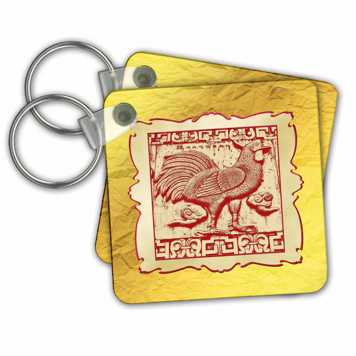 Key Chain - Stamp Effect Rooster in Frame, Gold Look Background Chinese New Year Design