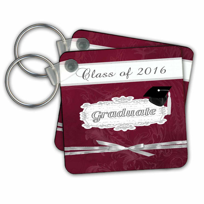 Key Chain - Class of 2016, Graduate, Cap On Pretty Banner, Bow, Leaf Design, Red Graduation Design