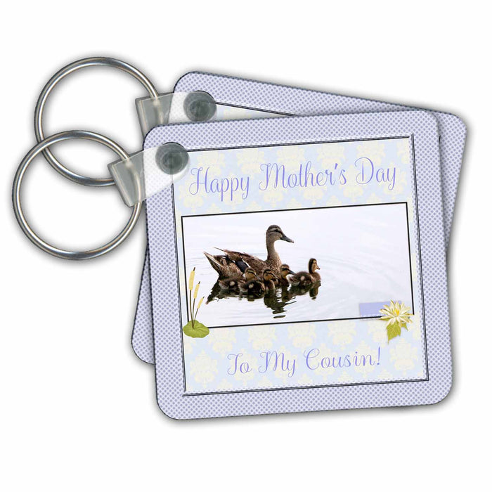 Key Chain - Mother Duck, Ducklings, Blue, Yellow Damask, Mother Day, Cousin Mothers Day Design