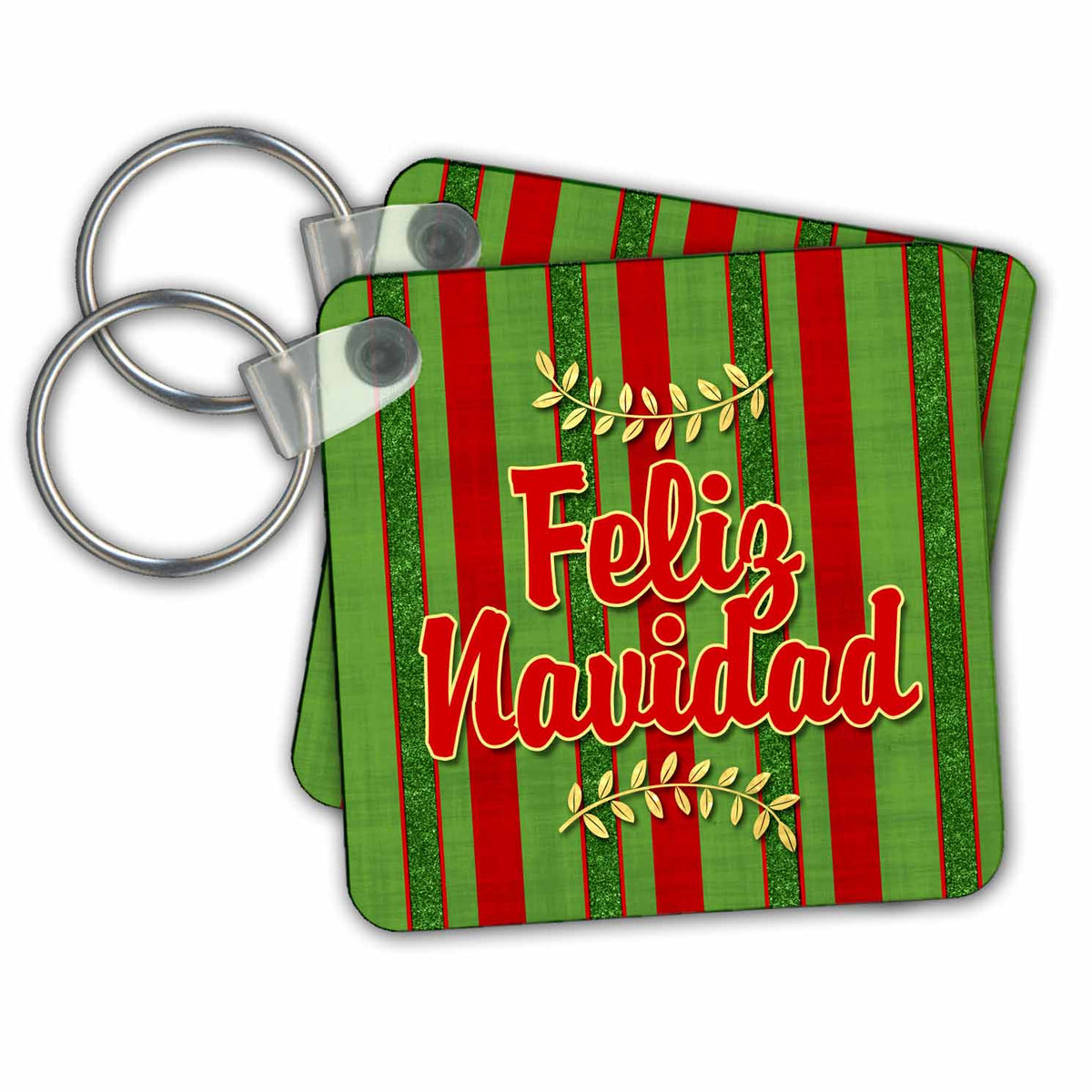 Key Chain - Feliz Navidad Spanish Festive Red and Green Striped Holiday Sprigs Christmas Collection