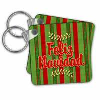 Key Chain - Feliz Navidad Spanish Festive Red and Green Striped Holiday Sprigs Christmas Collection