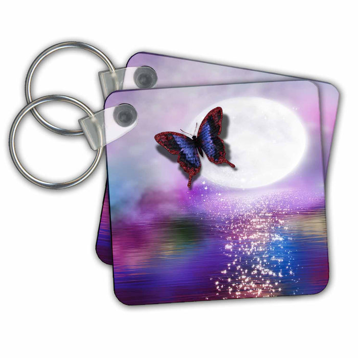 Key Chain - Fantasy Butterfly and Full Moon over a beautiful purple and blue lake