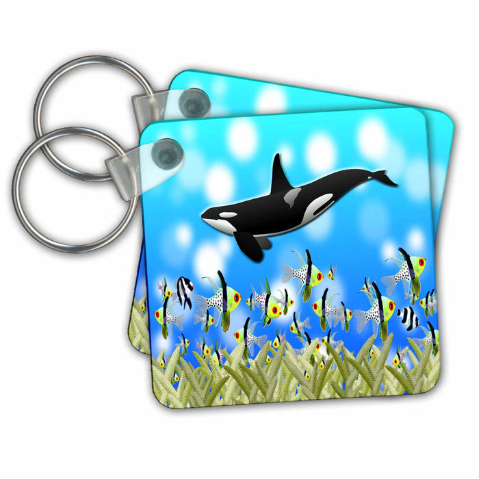 Key Chain - Killer whale under water ocean art with ocean fish and coral accents Ocean Art