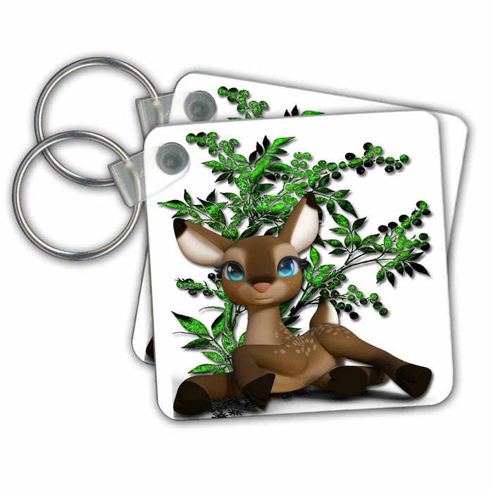 Key Chain - Adorable fawn deer with big blue eyes laying in front of pretty tree Cartoon Animals