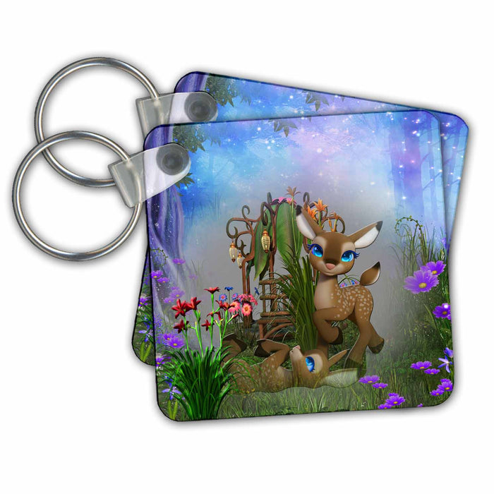 Key Chain - Baby fawn with big blue eyes in a beautiful fantasy garden Cartoon Animals