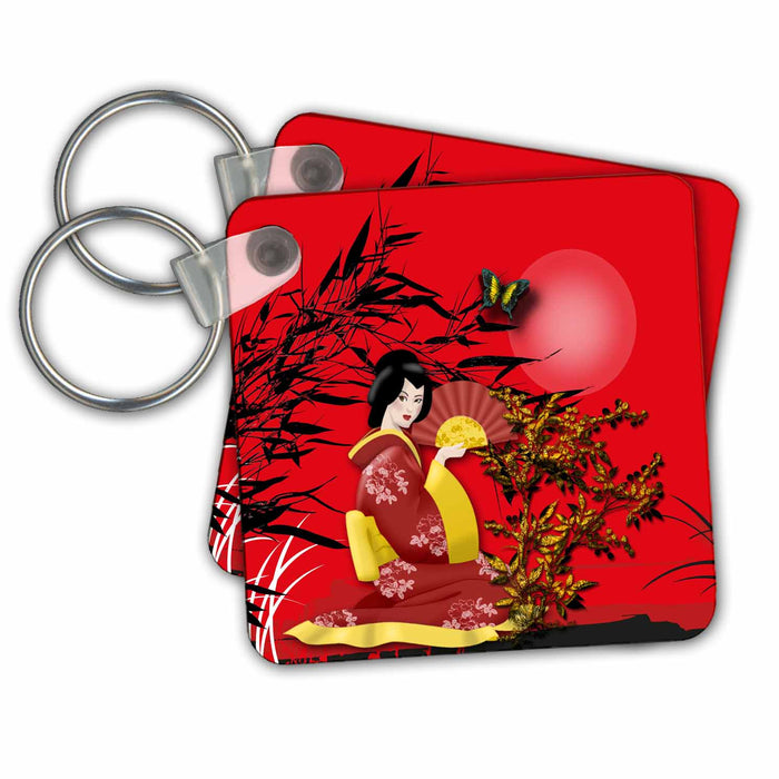 Key Chain - Japanese Geisha Girl in Red with and Gold Accents Ethnic