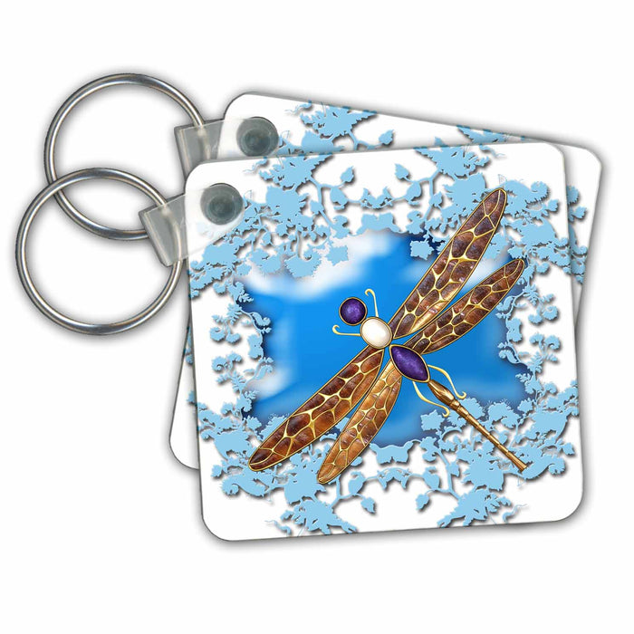 Key Chain - Dragonfly with patterned bronze wings , blue clouds Fantasy