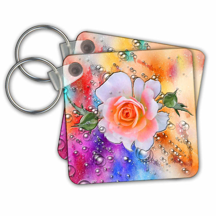 Key Chain - Stunning Peach colored rose with multi colored abstract backdrop Roses