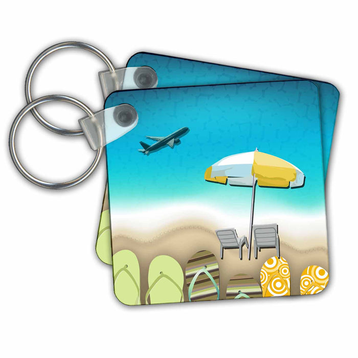 Key Chain - Day at the Beach flip flops, and a airplane where are the people Beach Art