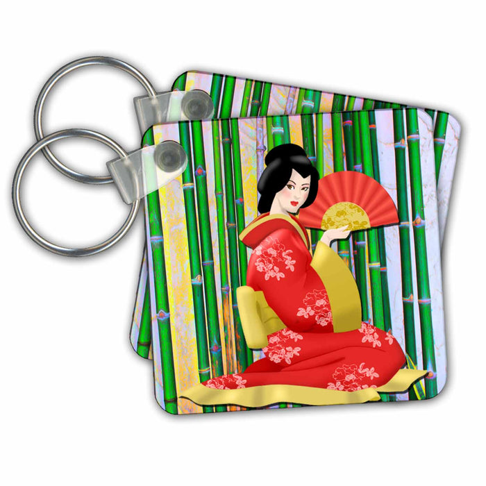 Key Chain - Geisha Girl with Stripped Background and Umbrella Fan Ethnic