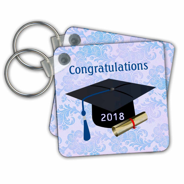 Key Chain - Image of Congratulations Black Cap Blue Tassel and Diploma Graduation