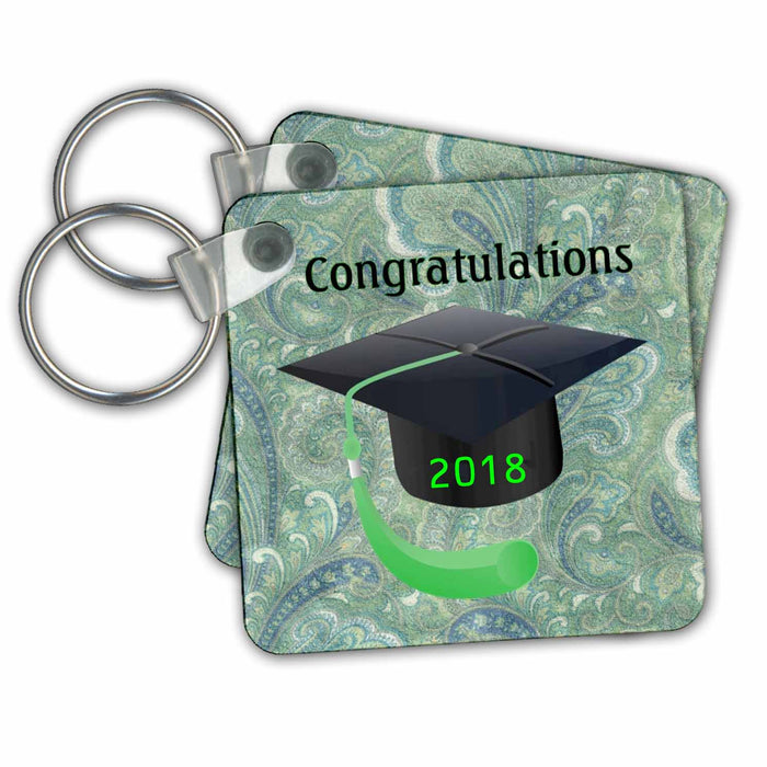 Key Chain - Image of Congratulations Black Cap Green Tassel On Damask Graduation